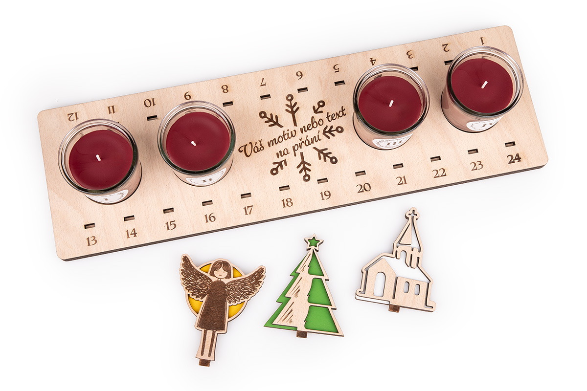 Adventní svícen s vaším motivem, kalendářem a časoměrkou